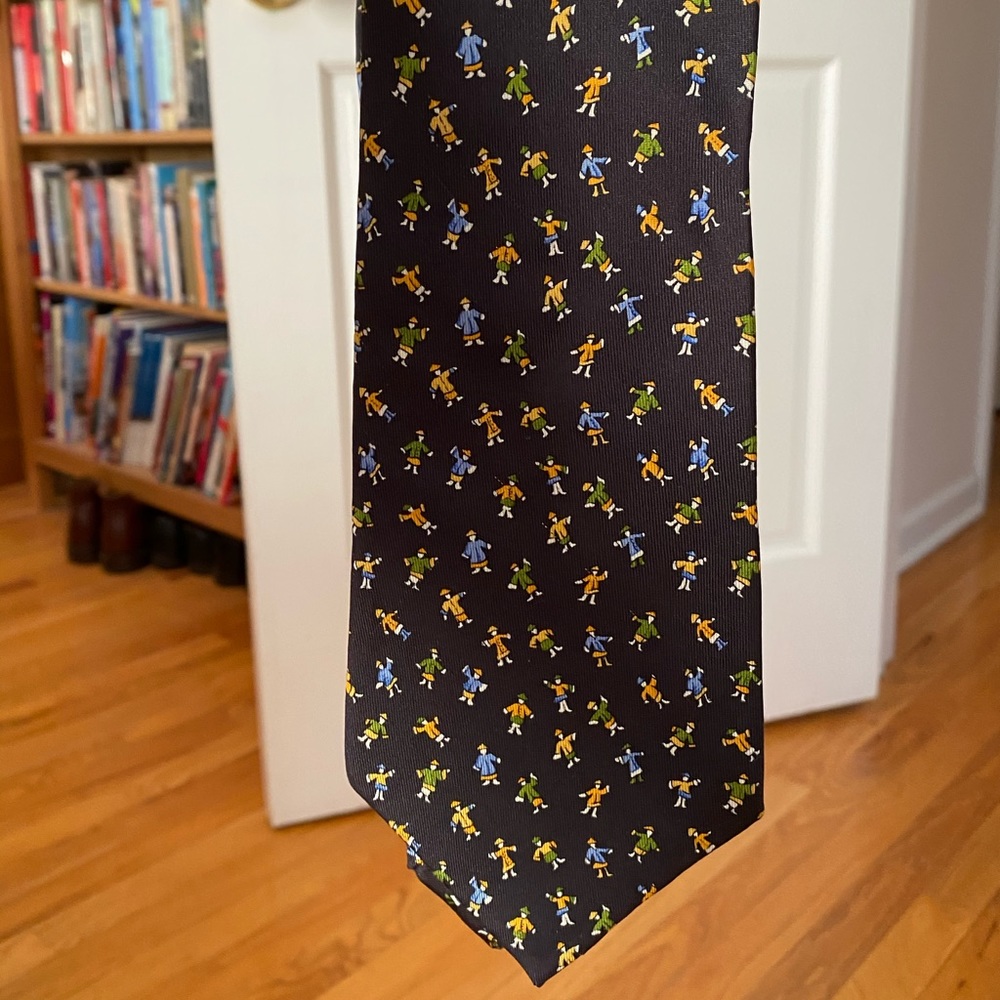 Ferragamo black silk tie with people pattern